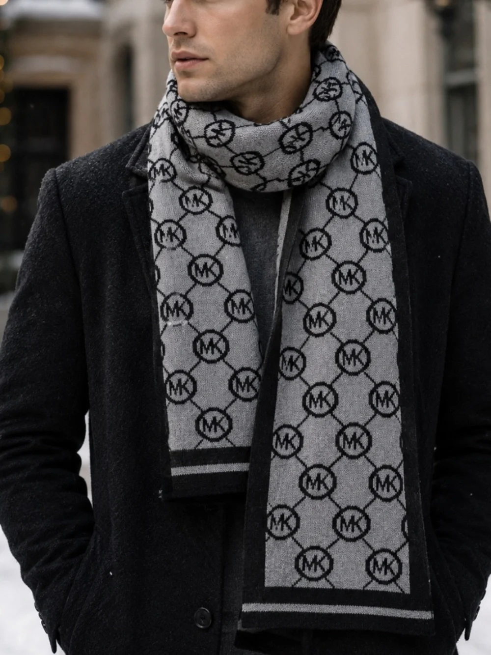 Michael Kors MK Logo Knit Scarf Gray Black Reversible Unisex NWT 9.5
